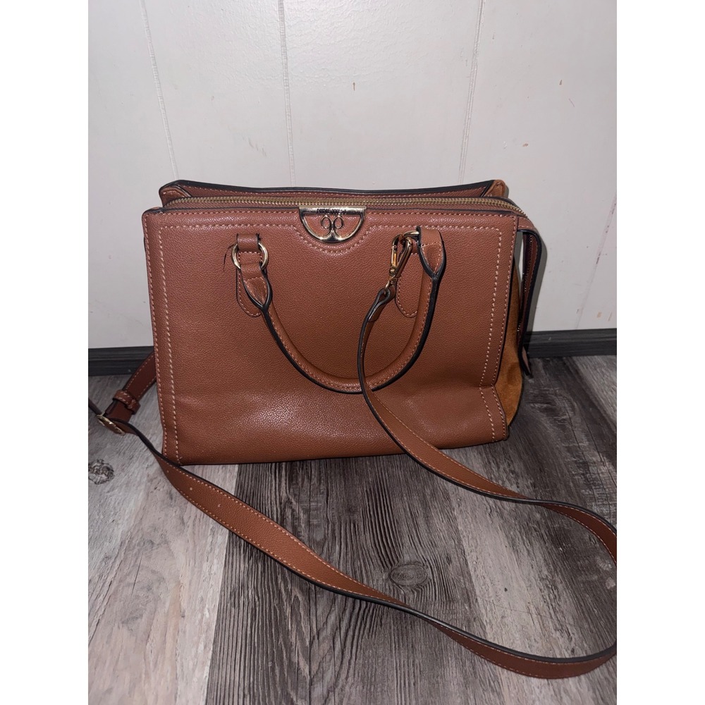 Nine West Cognac Brown Faux Leather Suede Trim Satchel Crossbody Handbag
